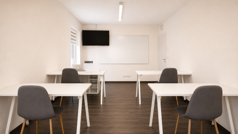 Heller Unterrichtsraum mit Tischen und Whiteboard bei ProStudy