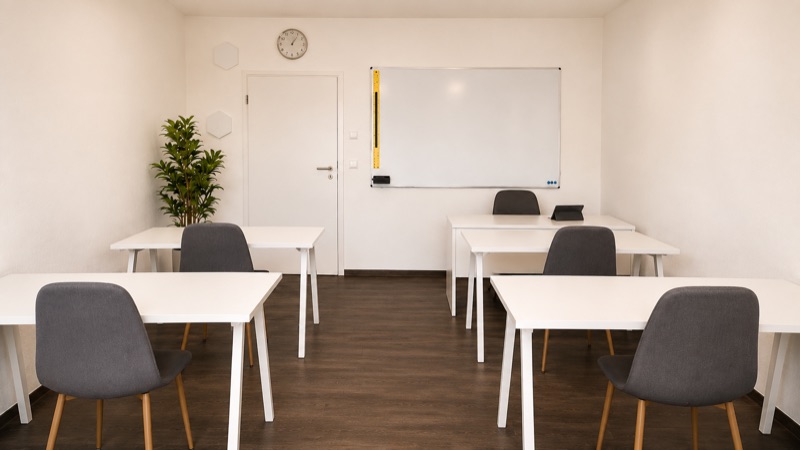 Unterrichtsraum mit Whiteboard, Uhr und Pflanze bei ProStudy